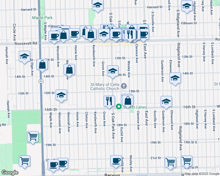 map of restaurants, bars, coffee shops, grocery stores, and more near 1431 Oak Park Avenue in Berwyn