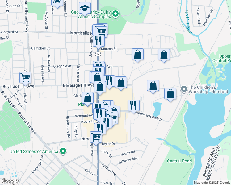 map of restaurants, bars, coffee shops, grocery stores, and more near 681 Beverage Hill Avenue in Pawtucket