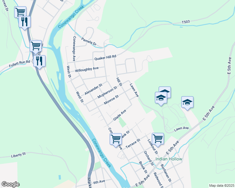 map of restaurants, bars, coffee shops, grocery stores, and more near 306 Mcpherson Street in Warren