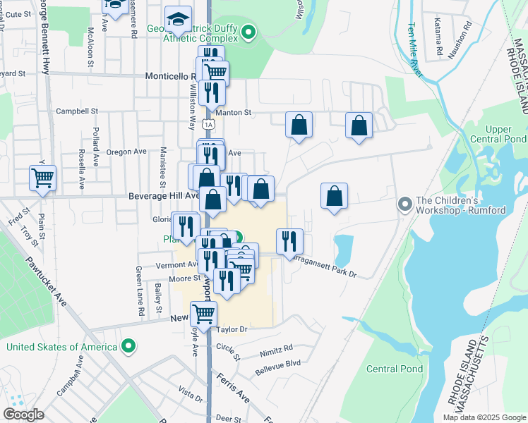 map of restaurants, bars, coffee shops, grocery stores, and more near 701 Beverage Hill Avenue in Pawtucket