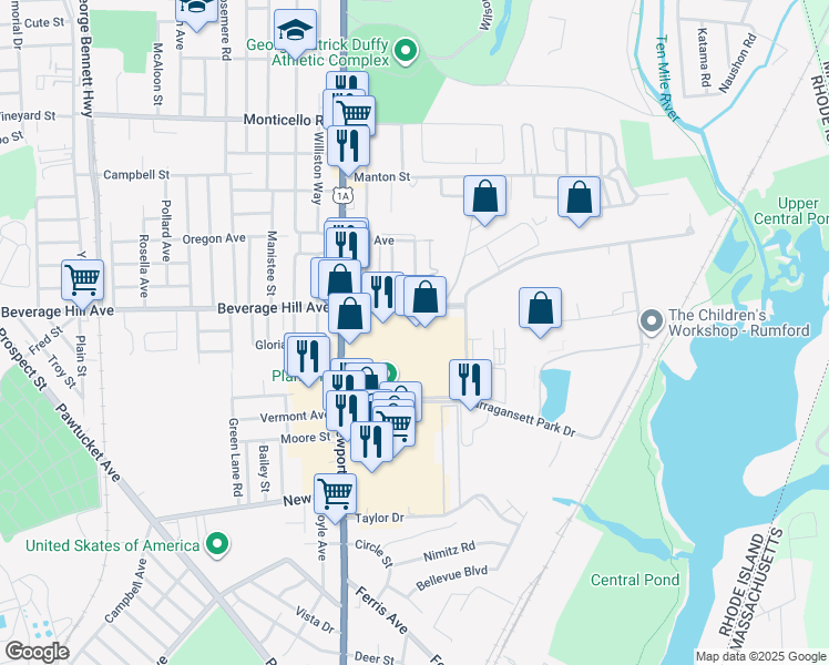 map of restaurants, bars, coffee shops, grocery stores, and more near 685 Beverage Hill Avenue in Pawtucket