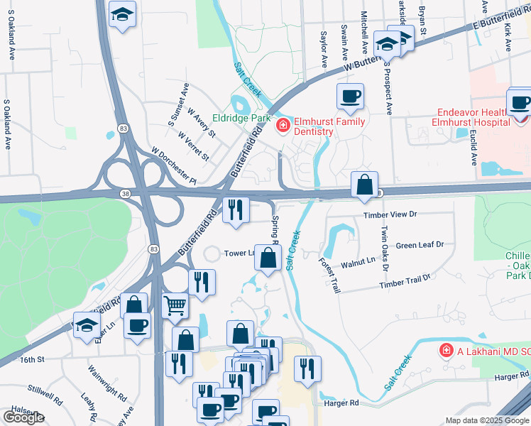 map of restaurants, bars, coffee shops, grocery stores, and more near 1000 Drury Lane in Oakbrook Terrace