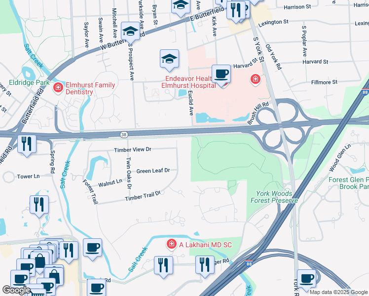 map of restaurants, bars, coffee shops, grocery stores, and more near 61 Woodland Drive in Oak Brook