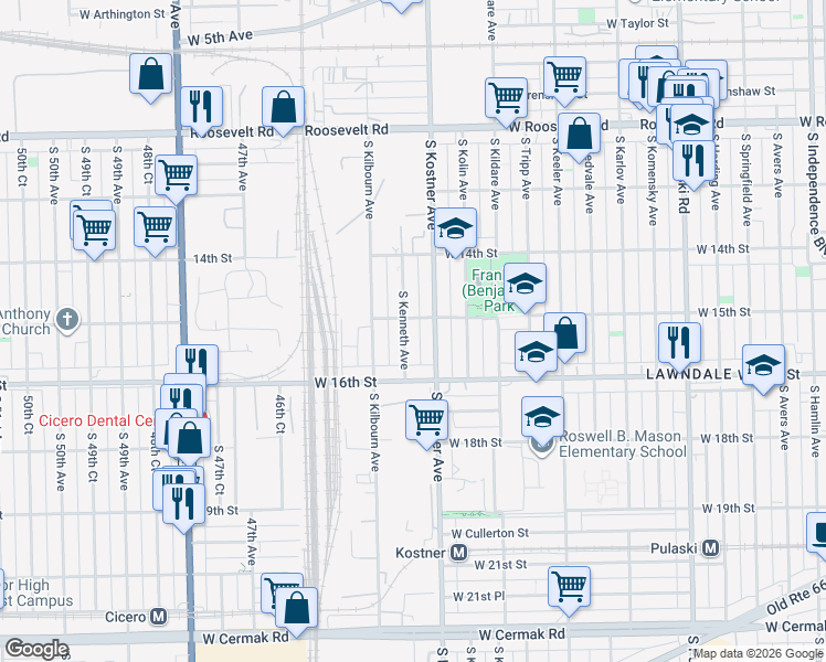 map of restaurants, bars, coffee shops, grocery stores, and more near 1500 South Kostner Avenue in Chicago