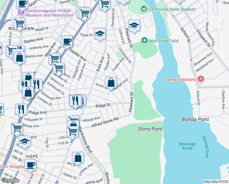 map of restaurants, bars, coffee shops, grocery stores, and more near 139 Oak Hill Avenue in Pawtucket
