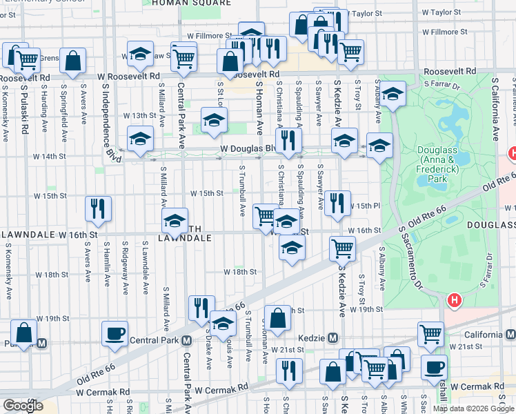 map of restaurants, bars, coffee shops, grocery stores, and more near 1511 South Trumbull Avenue in Chicago