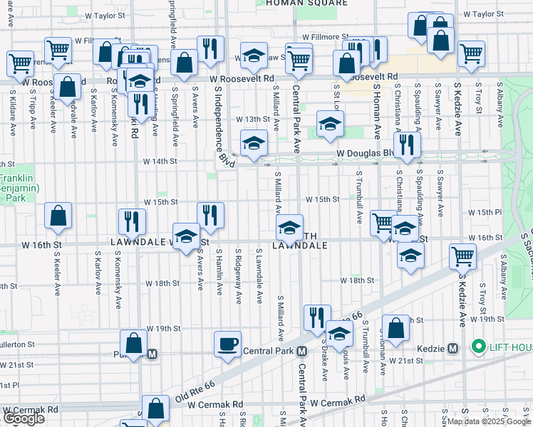map of restaurants, bars, coffee shops, grocery stores, and more near 1508 South Millard Avenue in Chicago