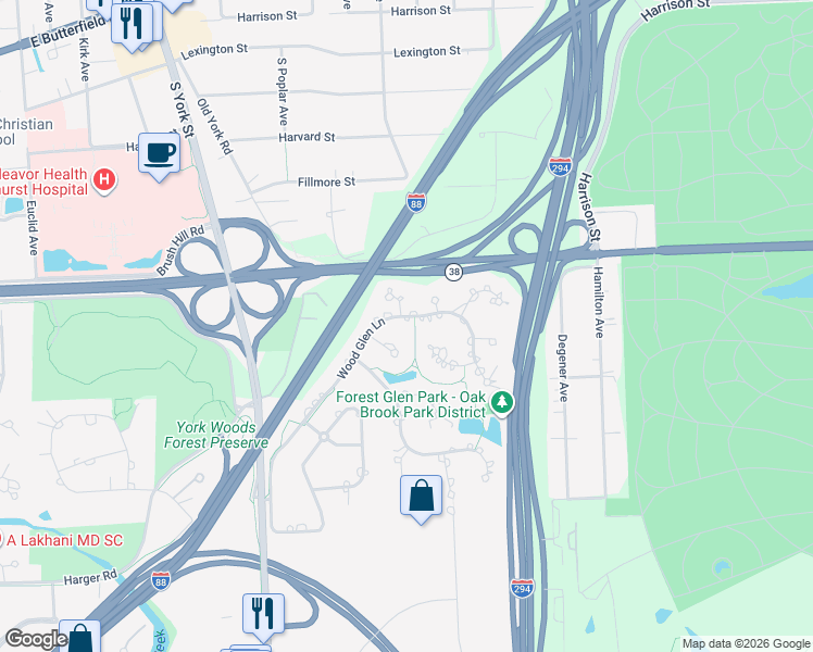 map of restaurants, bars, coffee shops, grocery stores, and more near 225 Wood Glen Lane in Oak Brook