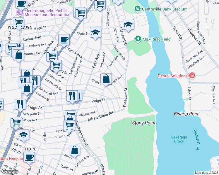 map of restaurants, bars, coffee shops, grocery stores, and more near 139 Oak Hill Avenue in Pawtucket