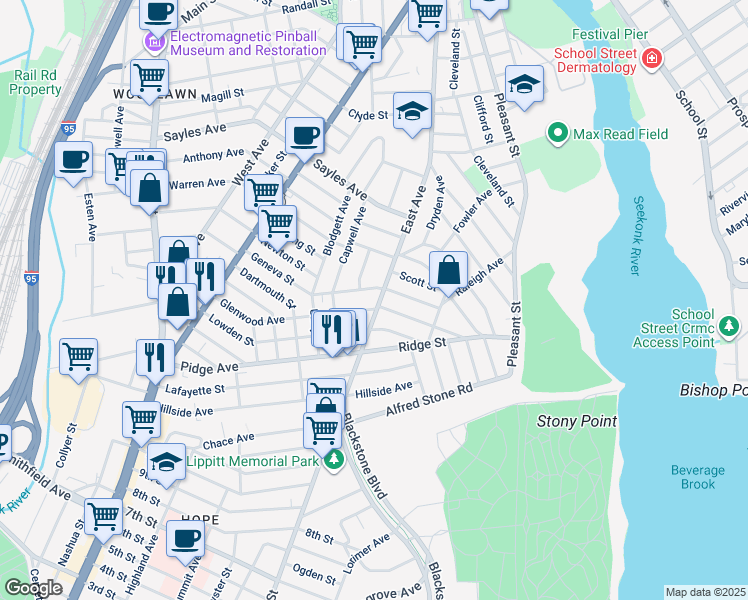 map of restaurants, bars, coffee shops, grocery stores, and more near 641 East Avenue in Pawtucket