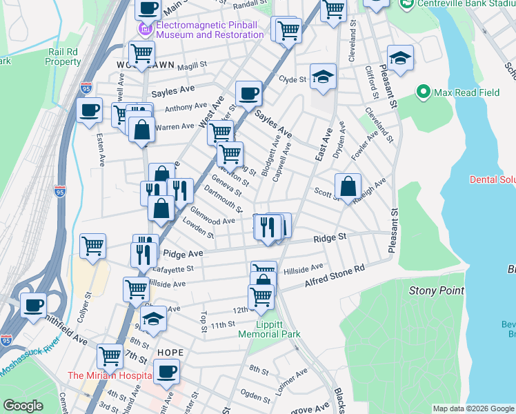 map of restaurants, bars, coffee shops, grocery stores, and more near 5 Geneva Street in Pawtucket