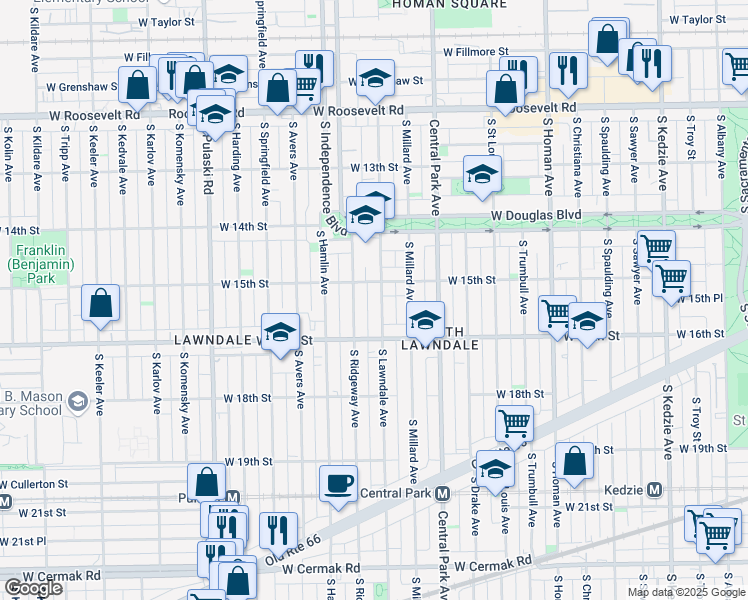 map of restaurants, bars, coffee shops, grocery stores, and more near 1509 South Ridgeway Avenue in Chicago