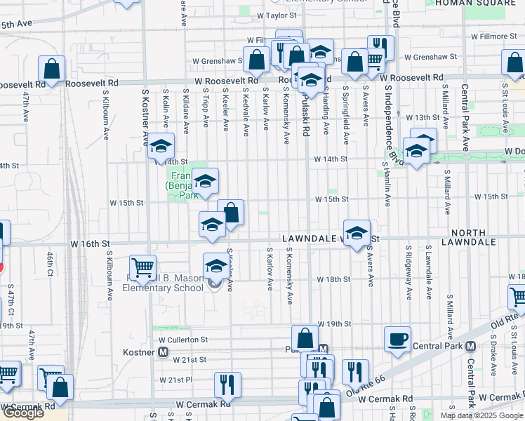 map of restaurants, bars, coffee shops, grocery stores, and more near 1502 South Karlov Avenue in Chicago