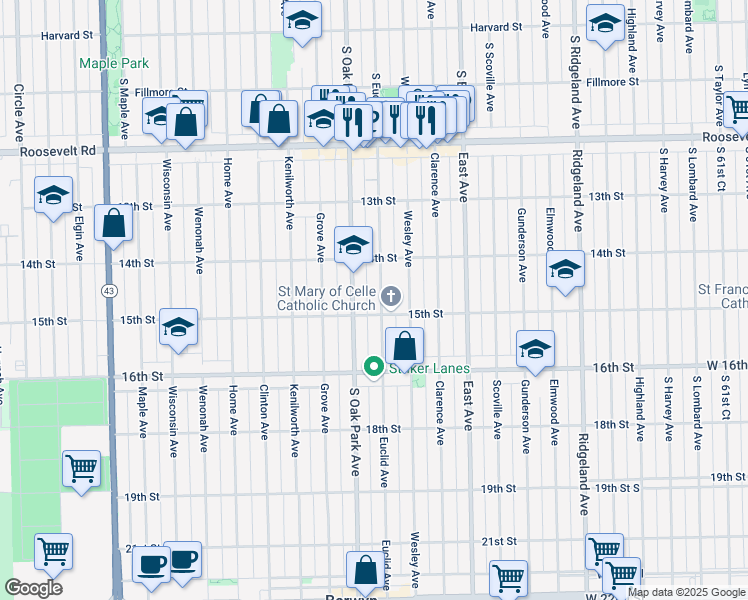 map of restaurants, bars, coffee shops, grocery stores, and more near 1435 Euclid Avenue in Berwyn