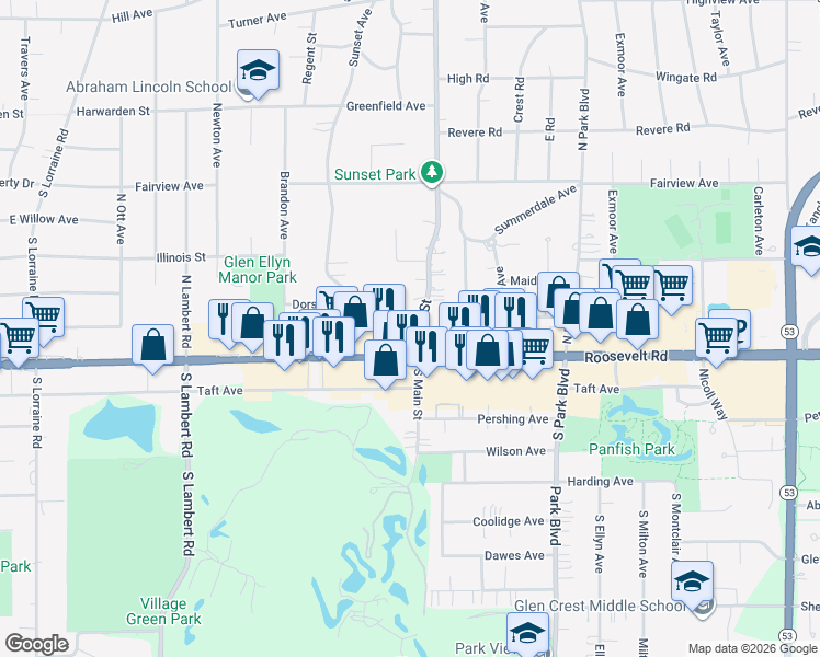 map of restaurants, bars, coffee shops, grocery stores, and more near 28 Dorset Court in Glen Ellyn