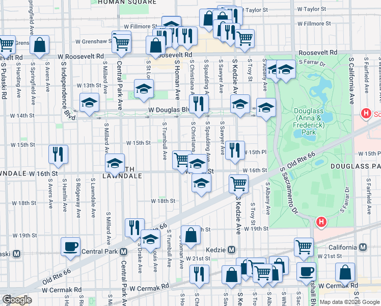 map of restaurants, bars, coffee shops, grocery stores, and more near 1510 South Christiana Avenue in Chicago