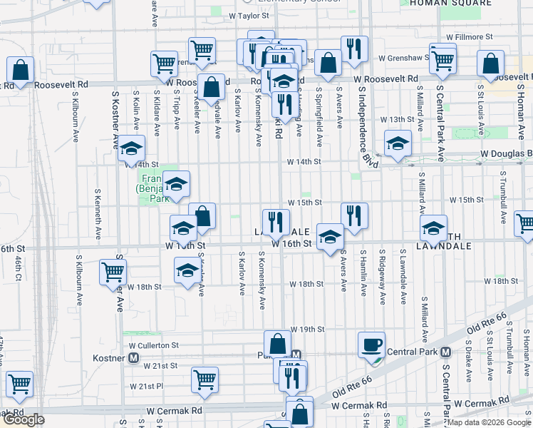 map of restaurants, bars, coffee shops, grocery stores, and more near 1501 South Komensky Avenue in Chicago