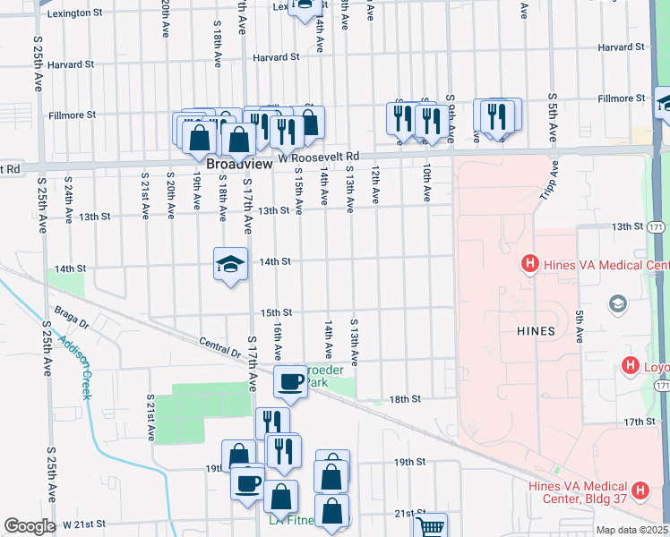 map of restaurants, bars, coffee shops, grocery stores, and more near 2345 14th Avenue in Broadview