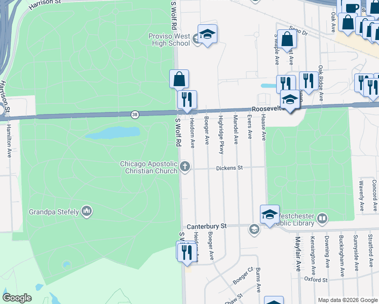 map of restaurants, bars, coffee shops, grocery stores, and more near 1311 South Wolf Road in Hillside