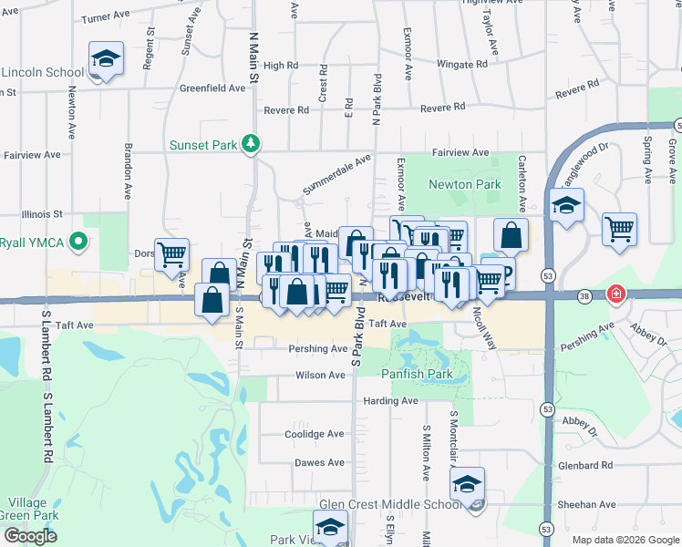 map of restaurants, bars, coffee shops, grocery stores, and more near 612 Park Plaza in Glen Ellyn