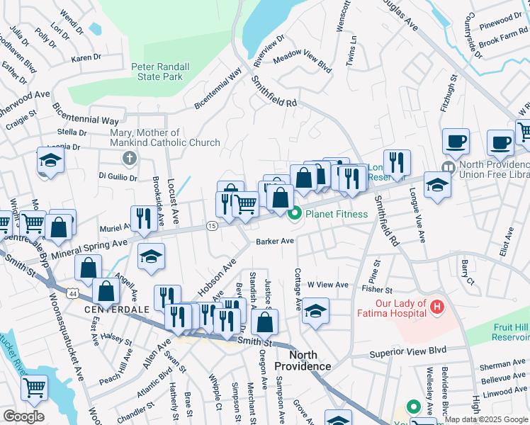 map of restaurants, bars, coffee shops, grocery stores, and more near 1967 Mineral Spring Avenue in North Providence
