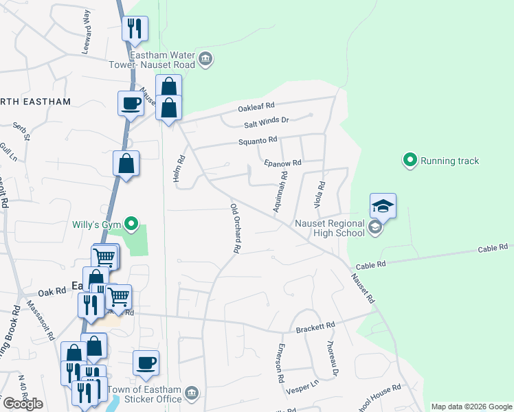 map of restaurants, bars, coffee shops, grocery stores, and more near 2310 Nauset Road in Eastham