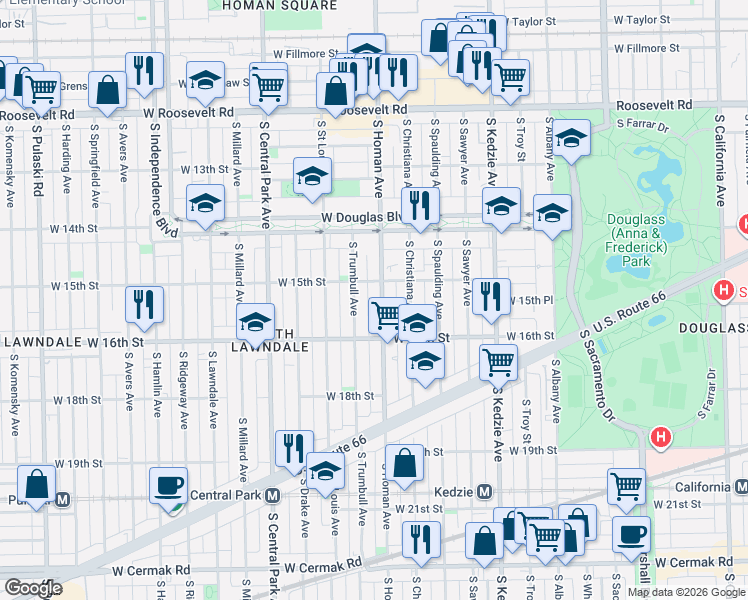 map of restaurants, bars, coffee shops, grocery stores, and more near 1511 South Trumbull Avenue in Chicago