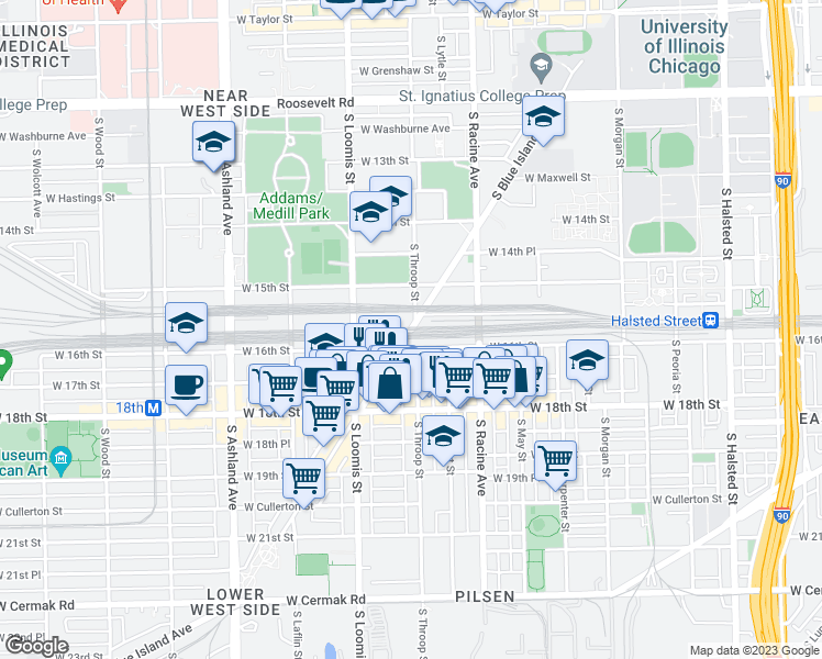 map of restaurants, bars, coffee shops, grocery stores, and more near 1552 South Blue Island Avenue in Chicago