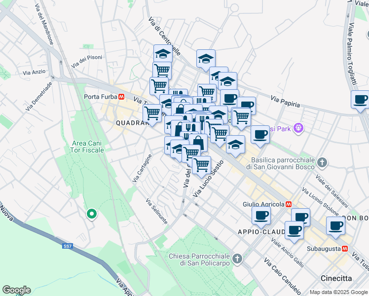 map of restaurants, bars, coffee shops, grocery stores, and more near 94 Via Cornelio Labeone in Roma