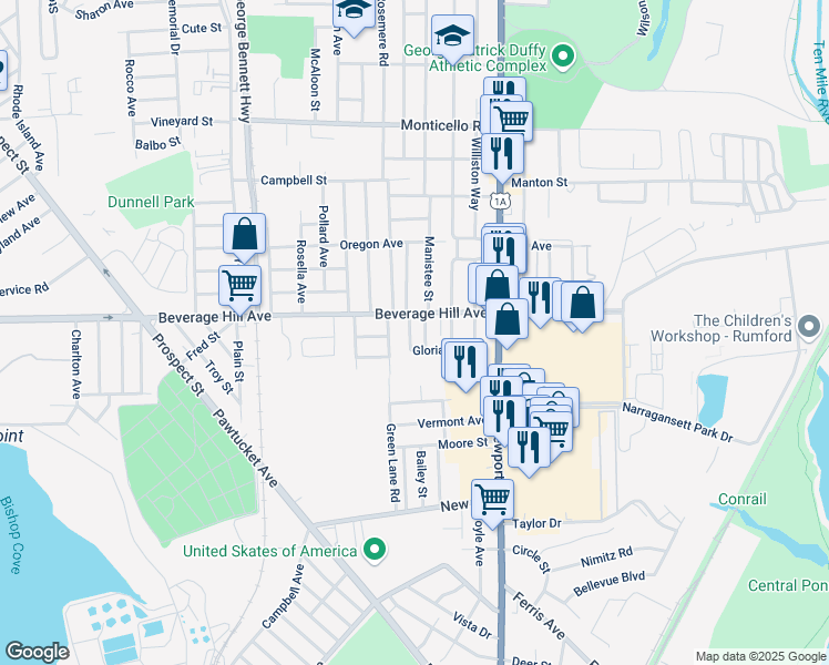 map of restaurants, bars, coffee shops, grocery stores, and more near 5 Gloria Street in Pawtucket