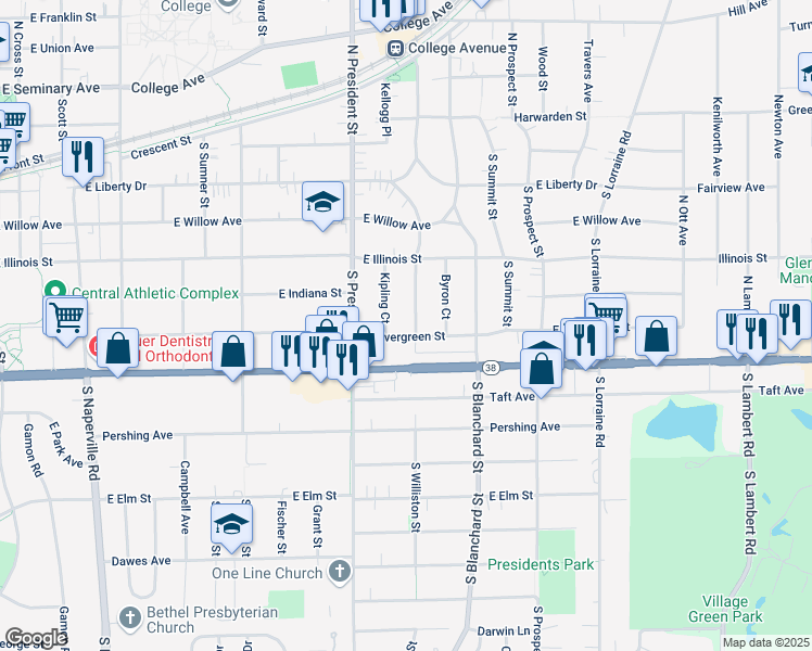 map of restaurants, bars, coffee shops, grocery stores, and more near 523 Kipling Court in Wheaton