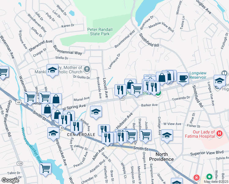 map of restaurants, bars, coffee shops, grocery stores, and more near 19 Bourne Avenue in North Providence