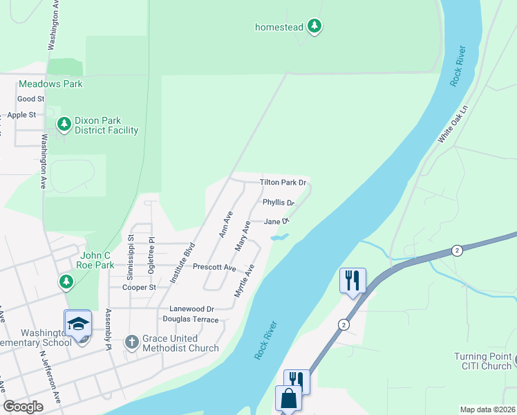 map of restaurants, bars, coffee shops, grocery stores, and more near 1102 Mary Avenue in Dixon