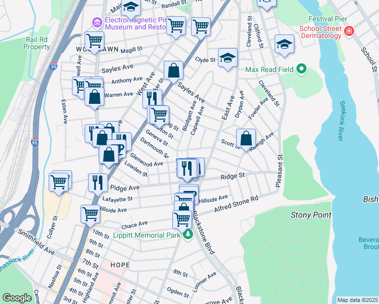 map of restaurants, bars, coffee shops, grocery stores, and more near 124 Progress Street in Pawtucket