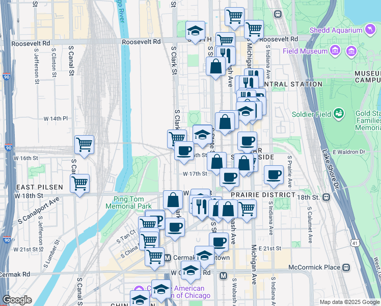 map of restaurants, bars, coffee shops, grocery stores, and more near 1550 South State Street in Chicago