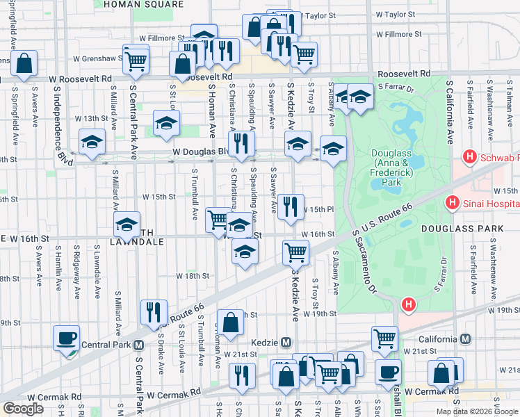 map of restaurants, bars, coffee shops, grocery stores, and more near 1514 South Spaulding Avenue in Chicago