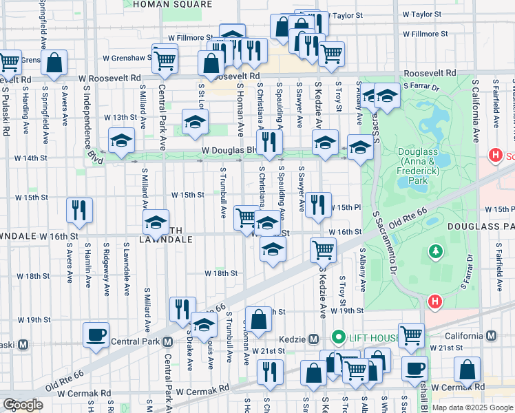 map of restaurants, bars, coffee shops, grocery stores, and more near 1510 South Christiana Avenue in Chicago