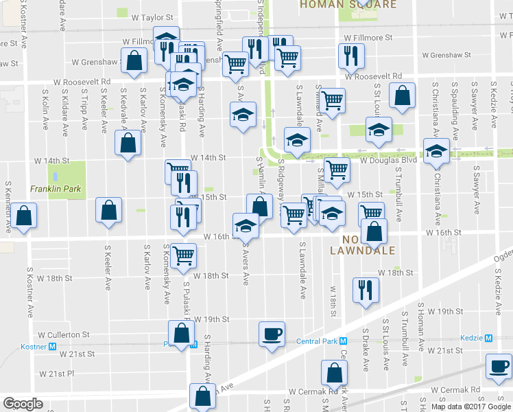 map of restaurants, bars, coffee shops, grocery stores, and more near 1507 South Hamlin Avenue in Chicago