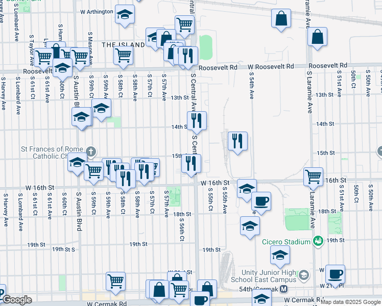 map of restaurants, bars, coffee shops, grocery stores, and more near 1433 South 56th Court in Cicero