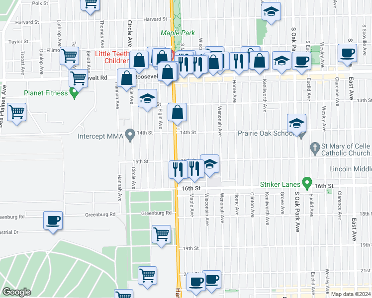 map of restaurants, bars, coffee shops, grocery stores, and more near 1427 Maple Avenue in Berwyn