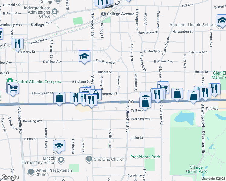 map of restaurants, bars, coffee shops, grocery stores, and more near 523 South Williston Street in Wheaton