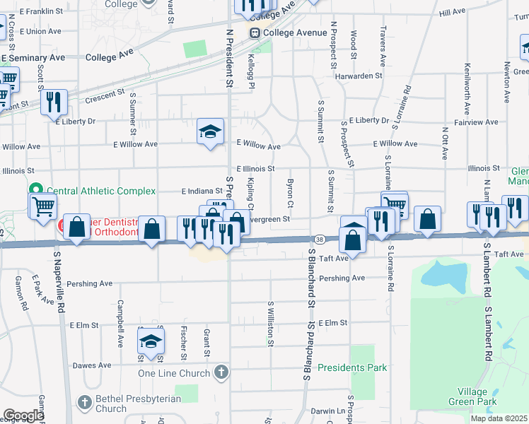 map of restaurants, bars, coffee shops, grocery stores, and more near 523 Kipling Court in Wheaton