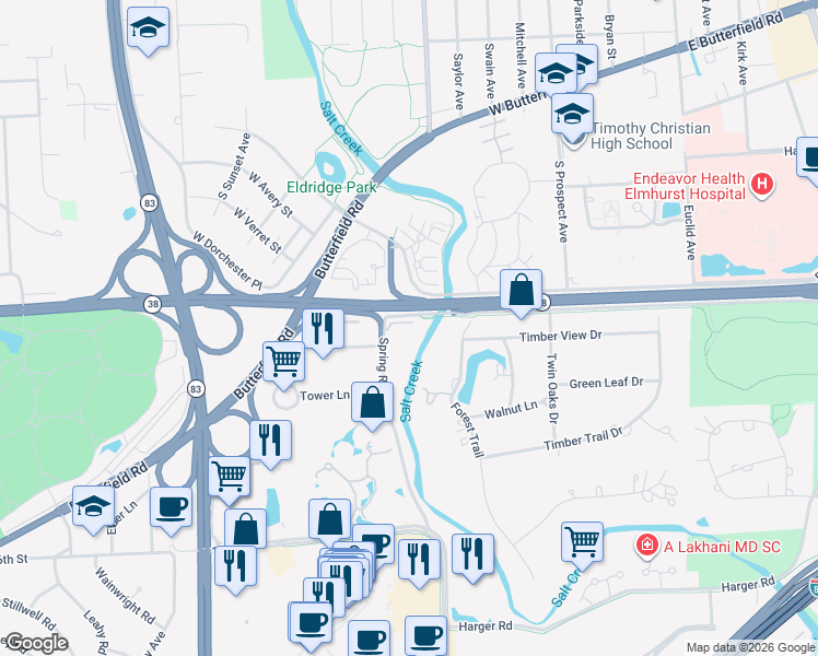 map of restaurants, bars, coffee shops, grocery stores, and more near 1S045 Spring Road in Oakbrook Terrace