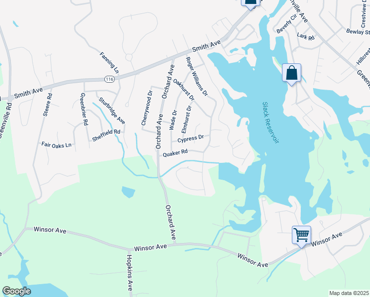 map of restaurants, bars, coffee shops, grocery stores, and more near 12 Quaker Road in Johnston