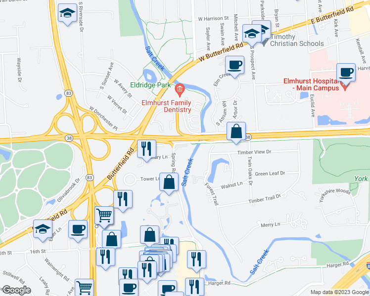 map of restaurants, bars, coffee shops, grocery stores, and more near 1s045 Spring Road in Oakbrook Terrace