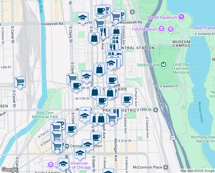 map of restaurants, bars, coffee shops, grocery stores, and more near 50 East 16th Street in Chicago