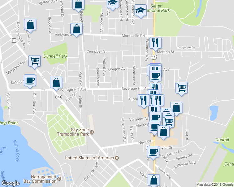 map of restaurants, bars, coffee shops, grocery stores, and more near 12 Bella Avenue in Pawtucket