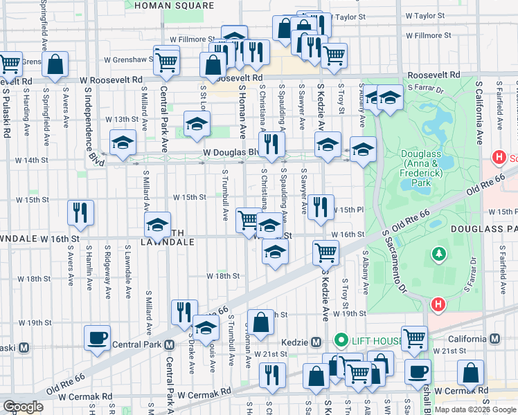 map of restaurants, bars, coffee shops, grocery stores, and more near 1516 South Christiana Avenue in Chicago