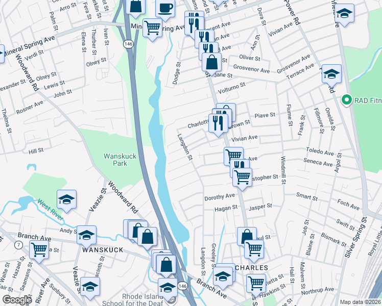map of restaurants, bars, coffee shops, grocery stores, and more near 305 Langdon St in Providence