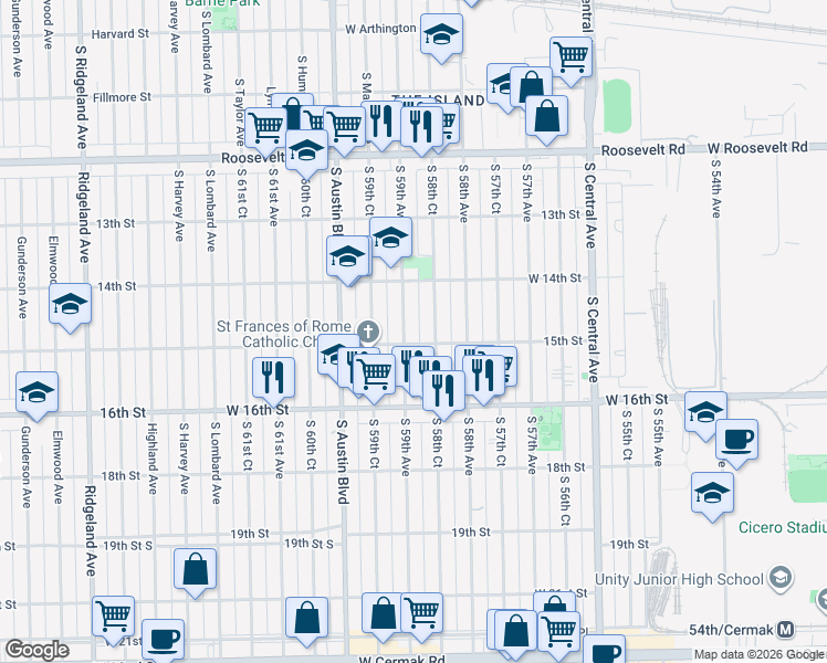 map of restaurants, bars, coffee shops, grocery stores, and more near 1437 South 59th Avenue in Chicago